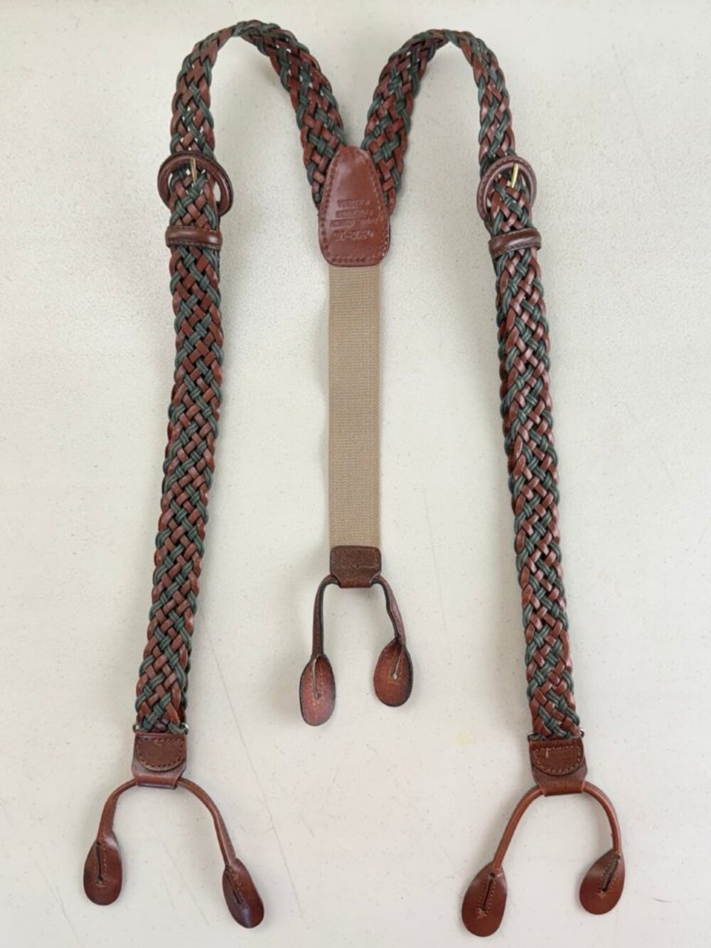 Vintage Braided Leather Suspenders Brown Green Genuine Cow Hide Adjustable
